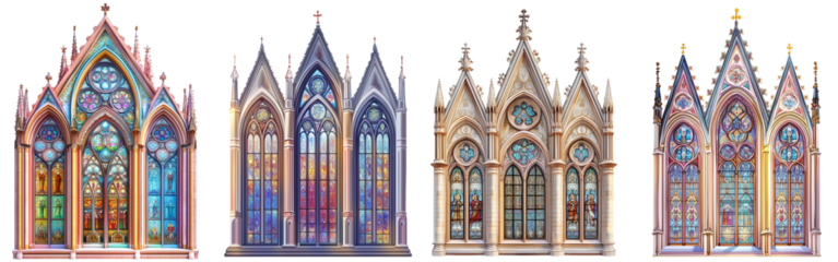 Set of a Gothic cathedral with stained glass windows, isolated on a transparent background.