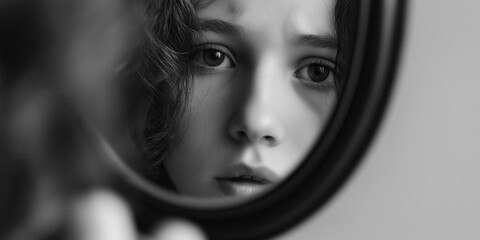 Young sad person reflecting on their reflection in a mirror. Stressed young person looking in mirror.