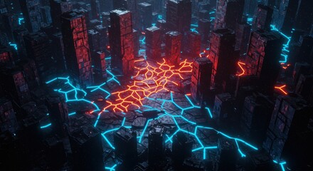 Cyberpunk cityscape Glowing cracks illuminate dark towers