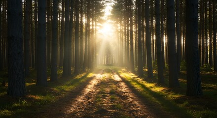 Obraz premium Sunlit Forest Path: A Serene and Golden Landscape