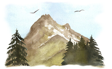 Hand Painted Mountain Landscape with Pine Trees