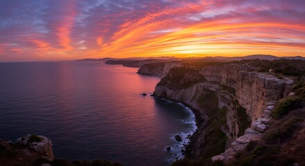 Coastal Cliffs Sunset: Fiery Sky over Dramatic Ocean