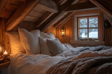 Cabin interior with glowing lamp and wood walls