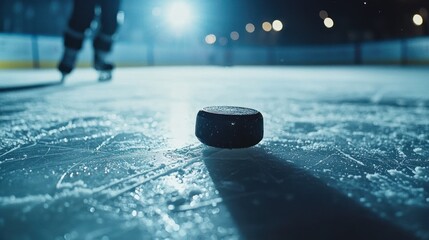 A hockey stick with a puck on the ice, shot from a low angle
