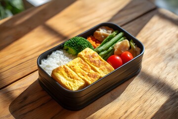 A Japanese Bento Box Filled with Rice Omelet Broccoli Tomatoes Green Beans Carrots and Healthy Homemade Meal Presentation Idea
