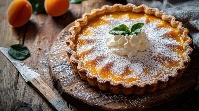 A homemade aprium tart dusted with powdered sugar and served with whipped cream