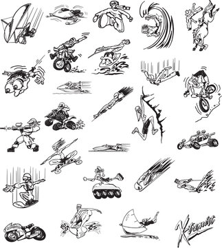 set of motorcycle and motorcycle elements. vector illustration, a collection of various cartoon characters and vehicles