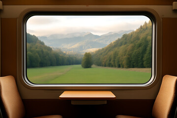 Train window view: mountains, meadow, trees. Travel in comfort, nature's beauty, scenic journey, relaxing scenery. Escape to nature, explore outdoors.