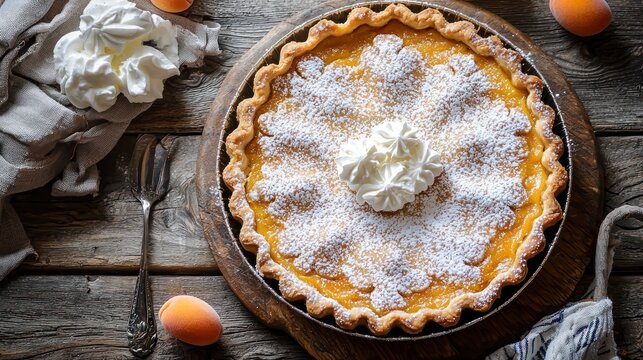 A homemade aprium tart dusted with powdered sugar and served with whipped cream