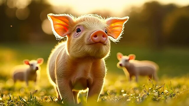 Playful piglets frolic in a sunlit meadow, surrounded by lush greenery and a serene background