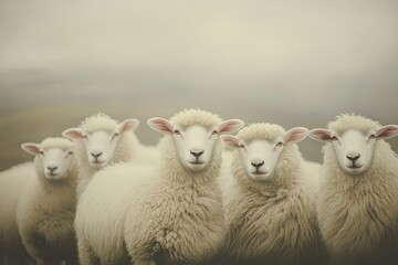 A flock of sheep in a pastoral scene. Soft-focus, white sheep, facing forward, in a row, peaceful, countryside, foggy background