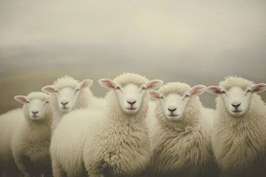 A flock of sheep in a pastoral scene.  Soft-focus,  white sheep, facing forward, in a row,  peaceful, countryside, foggy background