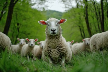 A sheep stands center-stage in a verdant pasture, surrounded by its flock, amidst a lush forest backdrop.  Fluffy white sheep, focused gaze, natural light