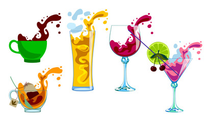 Set of transparent glasses and cups with colorful splashes of various drinks isolated on white. Vector illustration in flat style
