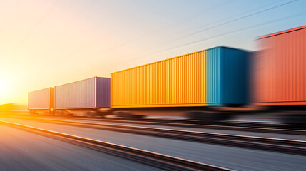 Obraz premium Freight train speeding along the tracks at sunset. Bright shipping containers symbolize global trade, logistics, and efficient transportation network.