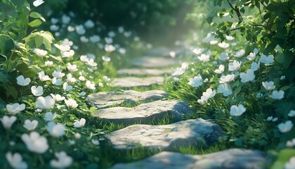 Naklejka premium Serene stone pathway through blossoming flowers.