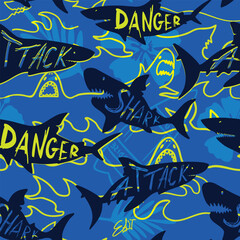 Abstract seamless pattern with shark silhouette, Big fish predator. Grunge modern background for boys and girls,  For prints, T-shirts, textiles,fabric, web. Urban dark wallpaper.