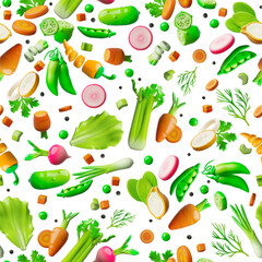 3D Vegetable Illustration. Seamless Wallpaper with Carrot, Radish, Cucumber, Spinach and Greens.