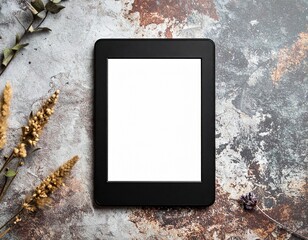 e reader with blank white screen tablet mock up on vintage style background surface