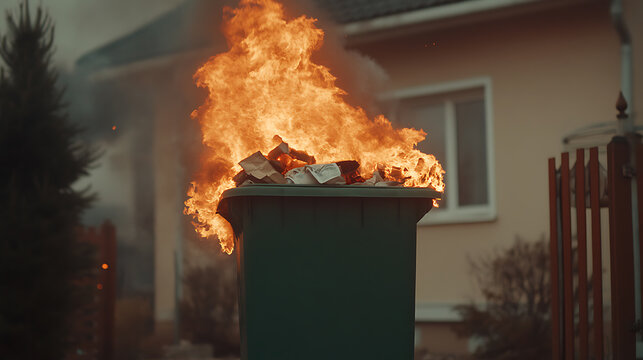 Burning Trash Can: A green trash can engulfed in flames with papers inside, backyard setting.