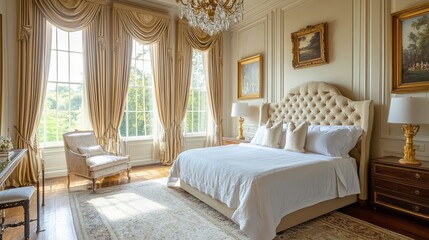 Elegant Master Bedroom Interior Design Luxurious Beige Curtains White Bedding Gold Accents Classic Style Upscale Home Decor Rich Textures Comfortable 