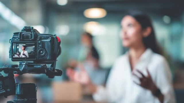 Capturing the Moment: A professional woman, possibly a content creator or entrepreneur, confidently shares her message in front of a camera in a modern office setting. The camera is in focus.