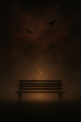 A dark, moody park bench sits alone in the mist, illuminated by a faint, eerie light. Above it, three black birds soar through a smoky, crimson-tinted sky, enhancing the mysterious