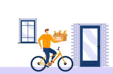 Watercolor illustration of scooter delivering fast meal with modern cartoon style urban background burger box character catering transport order fun concept take-away graphic

