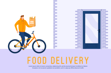 City food service with scooter and package box burger delivery fun eatery meal catering cartoon style street design green illustration dining fast food order character transport

