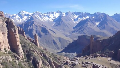 Majestic Andean peaks and rugged rock formations under a vast clear sky