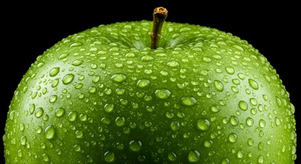 Green Apple with Water Droplets on Black Background