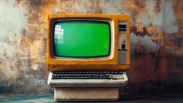 A vintage desktop computer sits on a wooden desk surrounded by plants and office supplies, evoking nostalgia for old technology in a warm, retro workspace