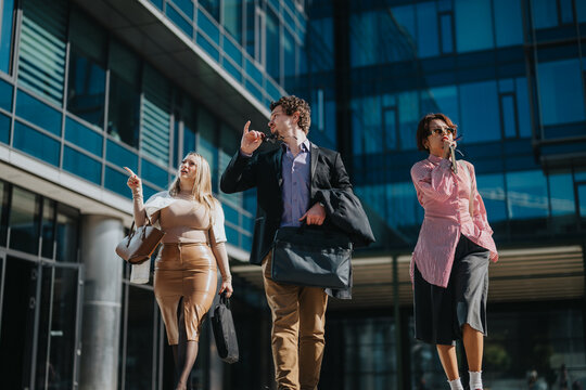 A group of business people confidently walking outdoors in a modern corporate setting. They appear focused and engaged, holding briefcases and bags, symbolizing teamwork and efficiency.