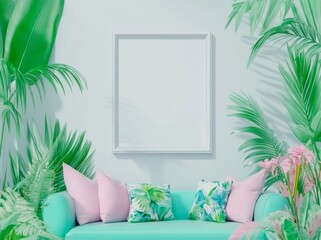 A 3D background concept illustration featuring a white vertical empty mock-up picture frame on a white wall, situated above a blue sofa