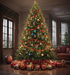A majestic Christmas tree stands tall, showcasing vibrant ornaments and garland,  shiny,  fir,  rich