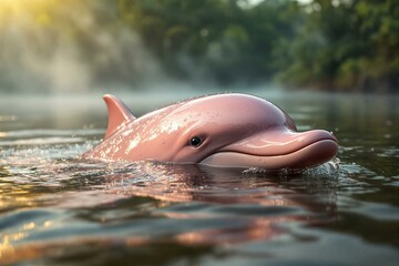Fototapeta premium Golfinho rosa nadando em rio da floresta amazônica, Brasil. Imagem gerada por inteligência artificial