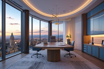 Enhanced Workspace Design Featuring Expansive Panoramic Windows and Calming Lighting