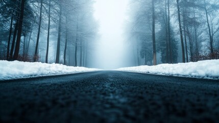 Foggy winter street with blurred lights, ideal for seasonal promotions and winter-themed marketing materials