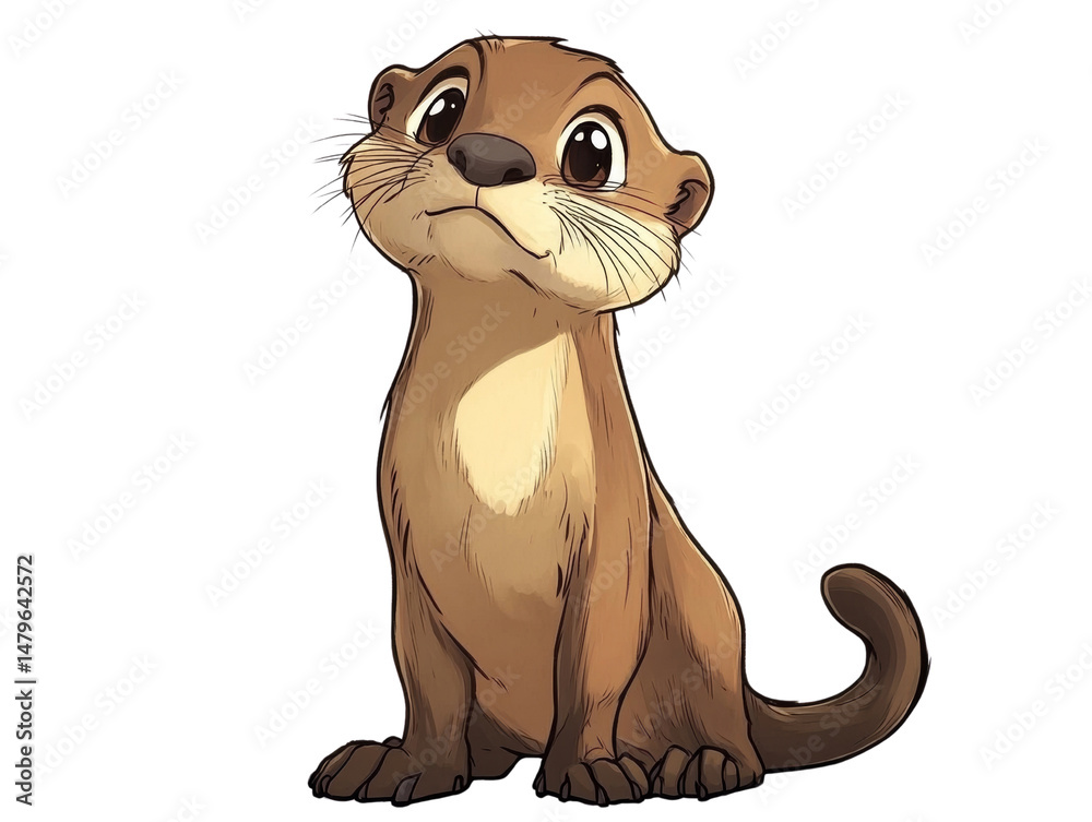 Poster charming cartoon otter sitting upright with a curious expression on its face
