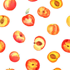 Sweet ripe California peaches. Watercolor summer fruity seamless pattern, digital paper. Stock illustration