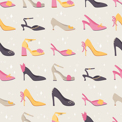 Pattern with high heels shoes illustrations. Seamless texture with modern trendy shoes. Festival female footwear. Stylish flat cartoon collection. Vector pattern on gray background