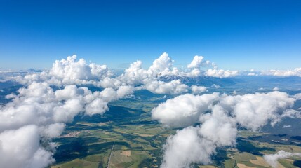 Airborne Horizon, expansive airplane window view showcasing fluffy clouds and open sky, perfect for travel quotes or messages.