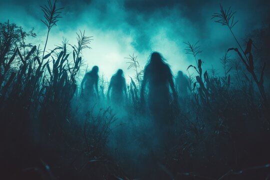 Silhouette of a group of zombies in the field. Halloween concept