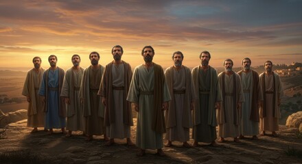 Dramatic portrait of the twelve apostles standing together at sunset in the Holy Land