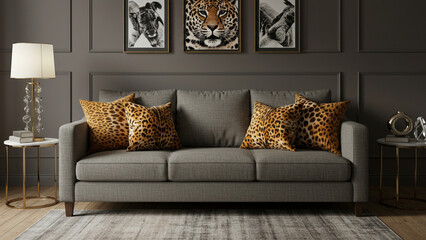 Living Room with Gray Sofa and Animal Print Pillows