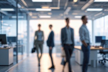 Modern Office Setting with Blurred Figures in Casual Attire and Soft Bokeh Background