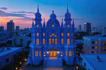 Obraz premium Twilight Urban Landscapes Featuring Enchanted Structures in Vivid Blue Scenery