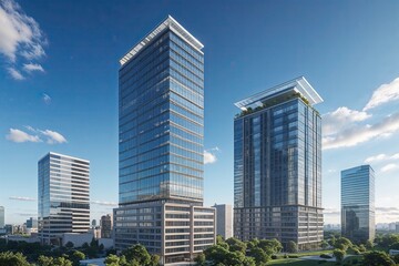 Modern High-Rise Office Designs Showcasing Urban Architecture and Clear Blue Skies