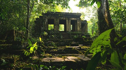 Ancient stone structure shrouded in lush tropical foliage.