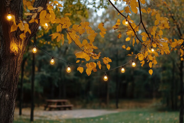 Serene autumn scene featuring warm yellow leaves illuminated by string lights, creating cozy atmosphere in park setting. soft glow enhances natural beauty of surroundings